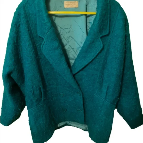 Vintage 80’s fuzzy wool batwing teal jacket - Picture 1 of 10